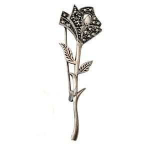 Sterling Silver Marcasite Flower Brooch Long Stem Rose Pin